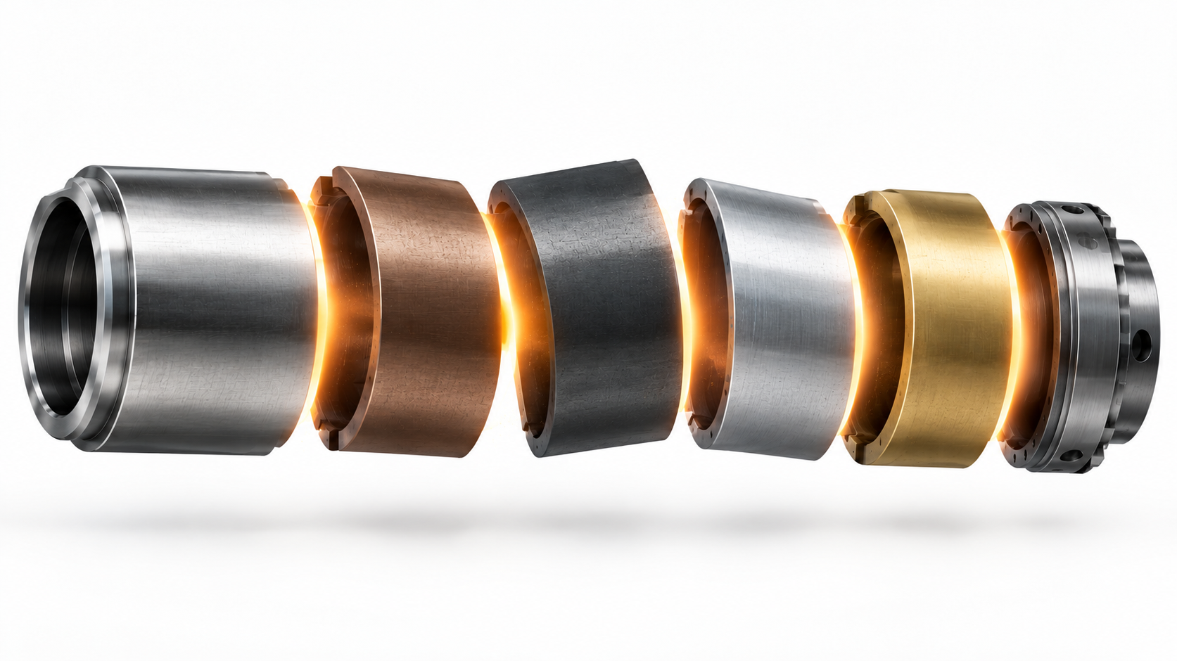 Disassembled precision cylinder components arranged in sequence