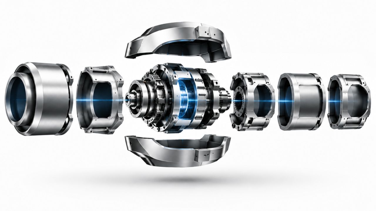 Exploded view of a mechanical assembly — components separated, none connected