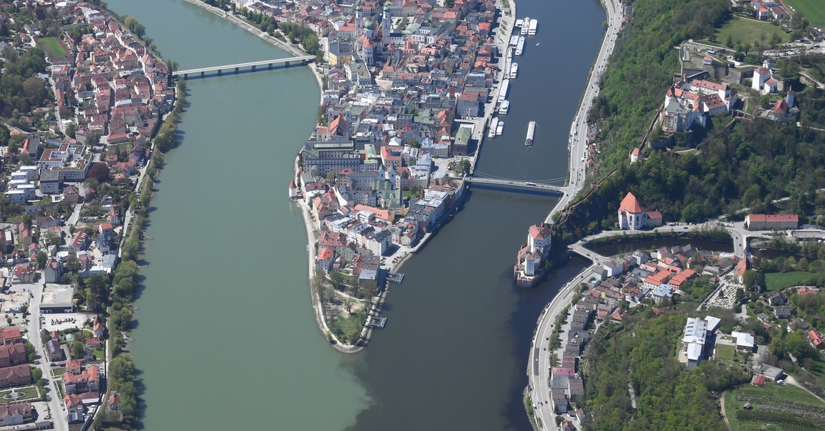 Aerial view of Passau, Germany, where the Danube, Inn, and Ilz rivers converge